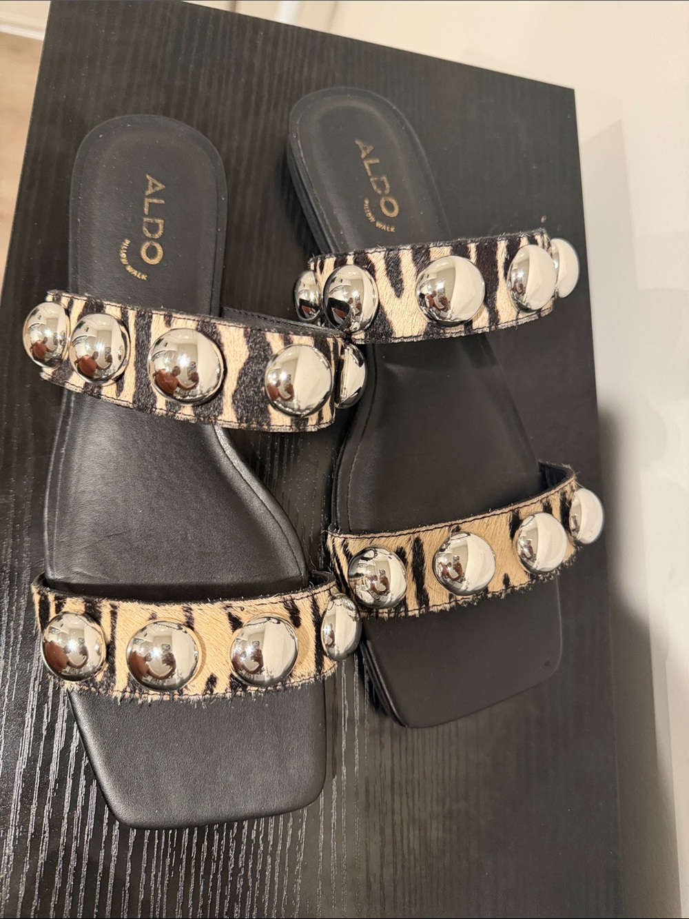 ALDO Black Slide Sandals with Tan Zebra hair Studded Straps